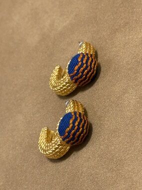 Gold-Tone Hoop Earrings with Blue & Orange Threaded Spheres